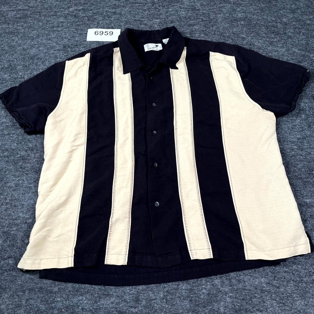 Havana Shirt Mens 2XL Black Beige Striped Rayon‎ Collared Button Up Casual